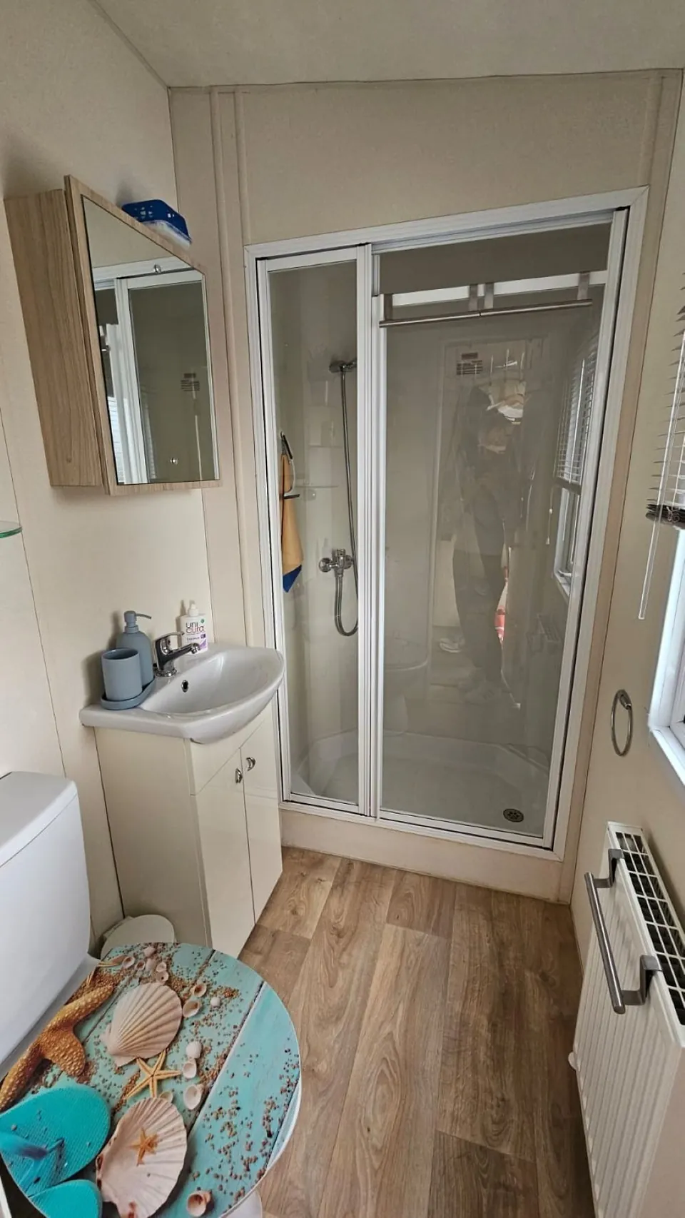 Badezimmer mit Dusche, WC und Waschbecken